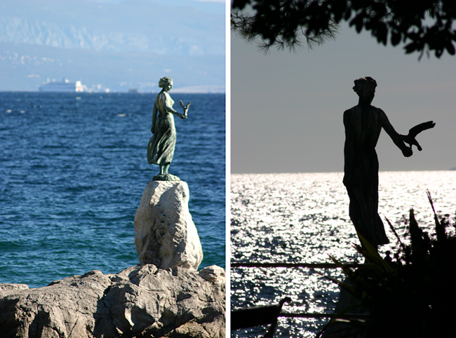 Two different views of the statue known as the Maiden With the Seagull. Photographs ©2006 by Brian Cohen.