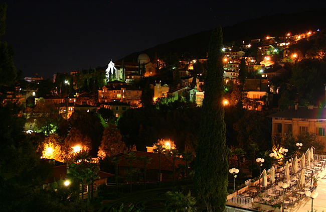 This is part of the view at night to which I was treated from the balcony of my room at the Hotel Opatija. Photograph ©2006 by Brian Cohen.