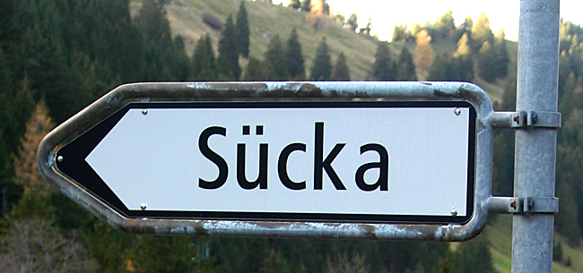 The sign showing the direction on the road to Sücka. Photograph ©2009 by Brian Cohen.