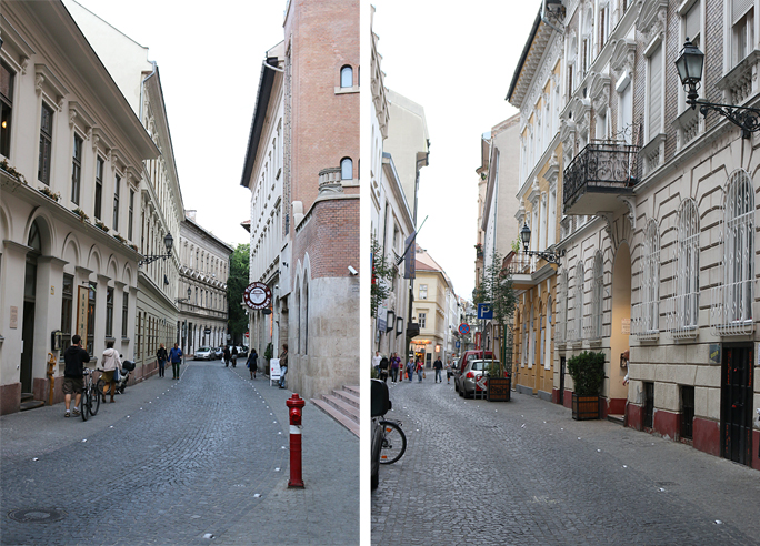 Dob utca in both directions. Photographs ©2014 by Brian Cohen.