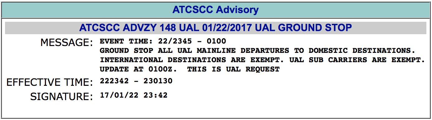 United Airlines ground stop January 22 2017