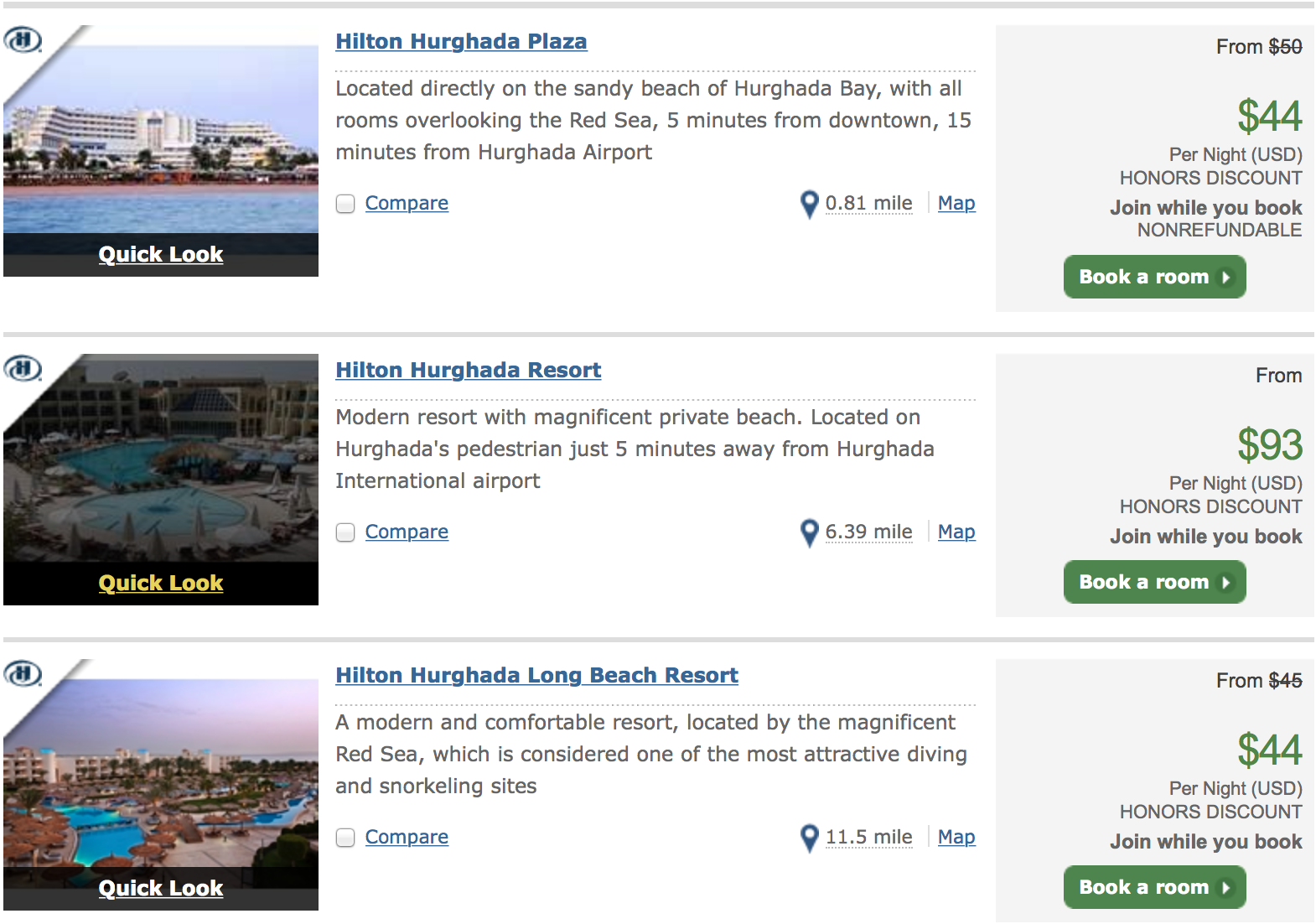 rates at the three Hilton resort properties in Hurghada