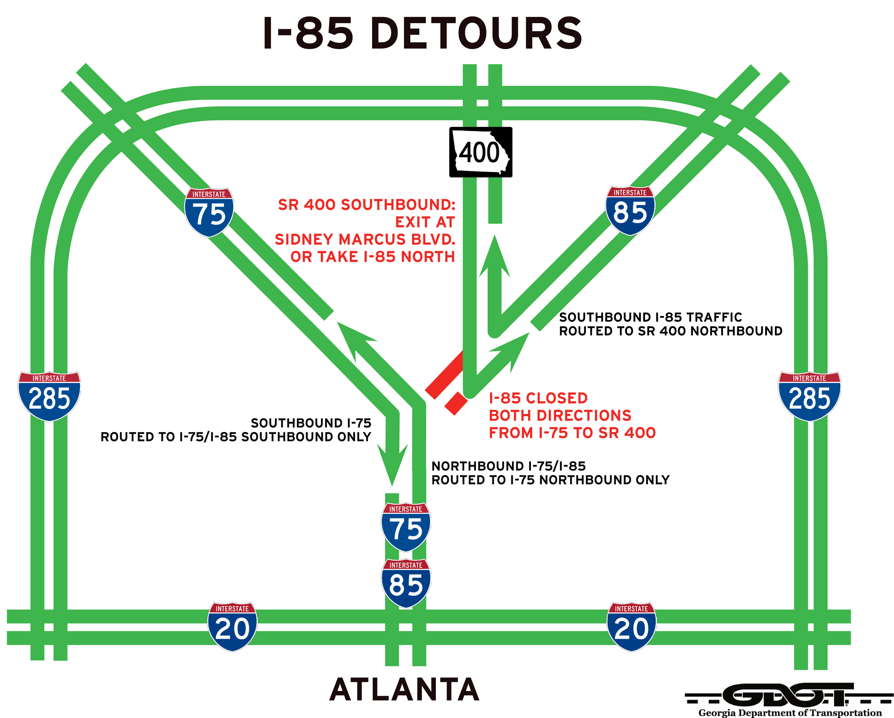 Map of detours for Interstate 85 in Atlanta
