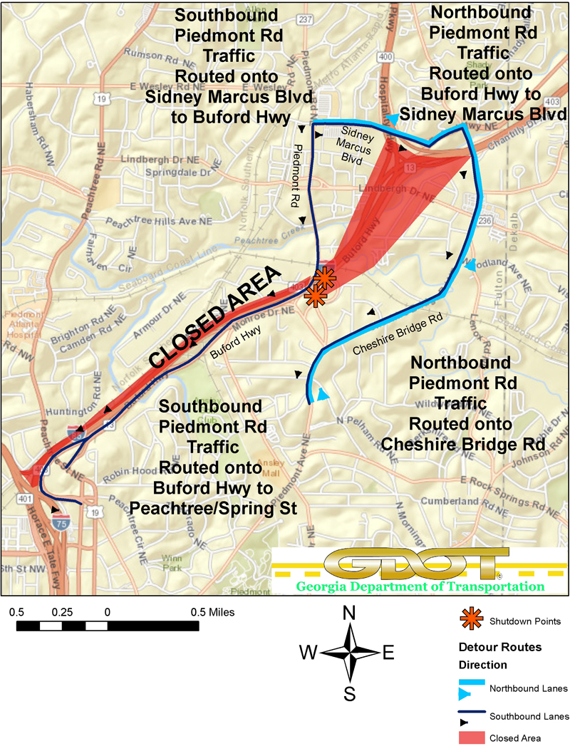 Map of detours for Interstate 85 via Piedmont Road in Atlanta