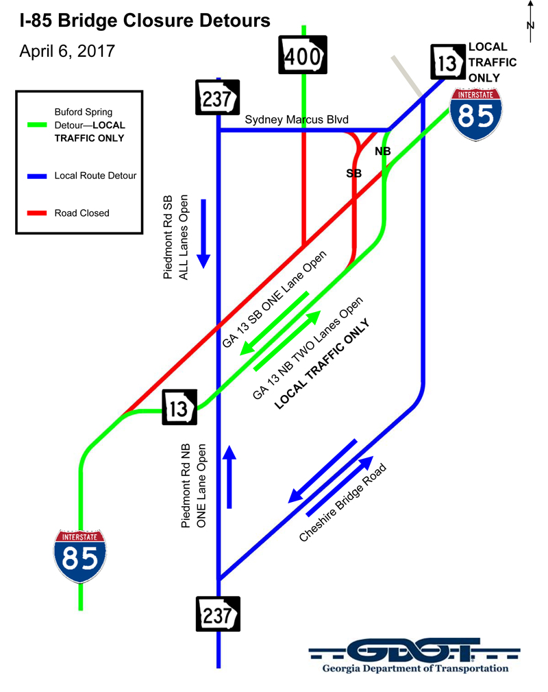 Updated map of detours for Interstate 85 in Atlanta