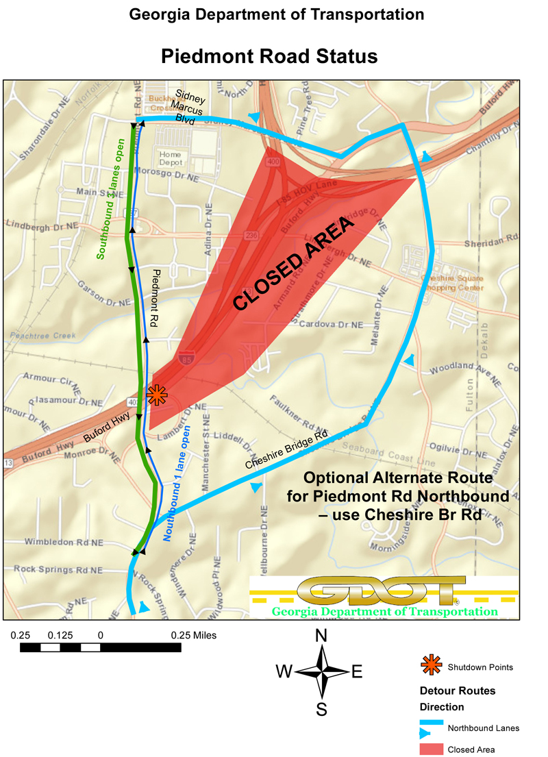 Updated map of detours for Interstate 85 via Piedmont Road in Atlanta