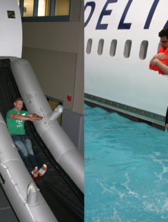 a man on a slide in a pool