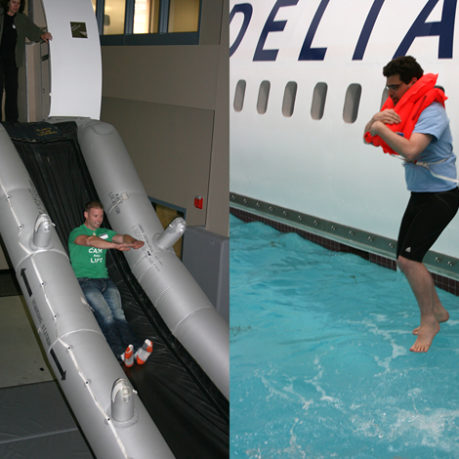 a man on a slide in a pool