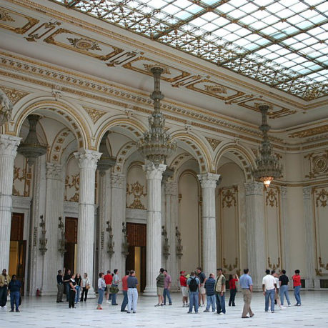 a group of people in a large room