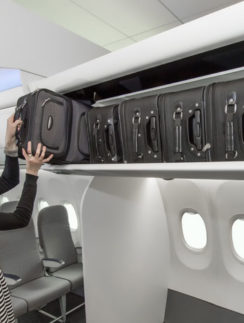 a woman putting luggage on a shelf