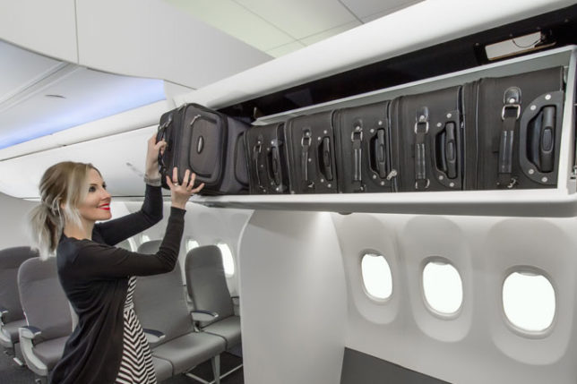a woman putting luggage on a shelf