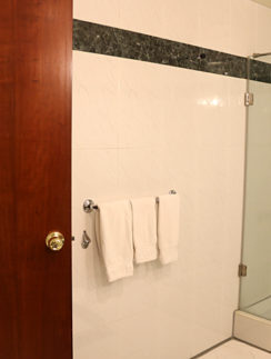 a bathroom with a shower and a door