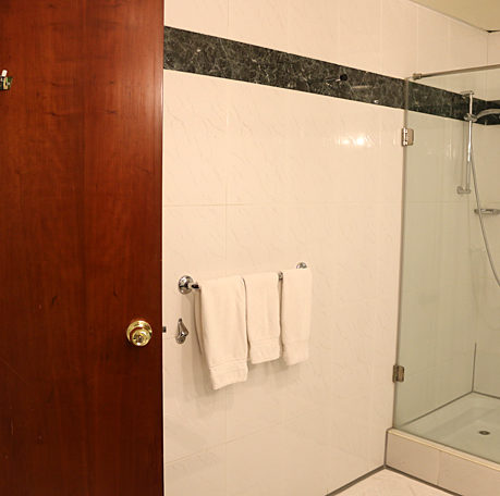 a bathroom with a shower and a door