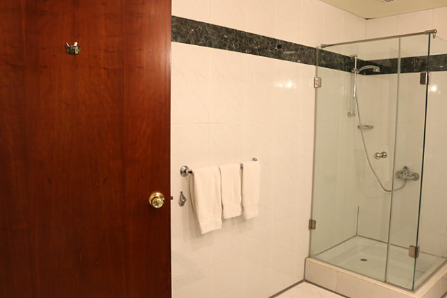 a bathroom with a shower and a door