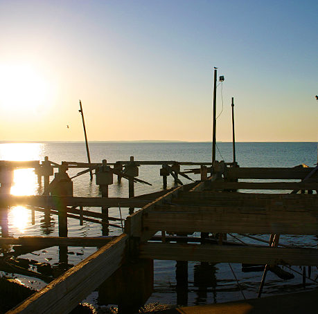 a wooden dock with poles in the water