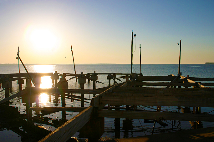 a wooden dock with poles in the water