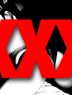 a red text over a black background