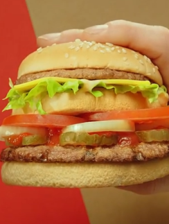 a hand holding a burger