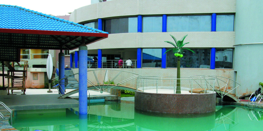 a pool with palm trees and a bridge