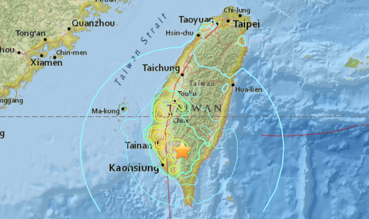 taiwan earthquake map 2016