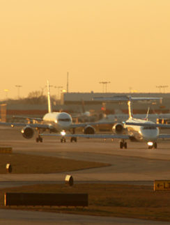Airplanes queued up on the tarmac at the airport in Atlanta
