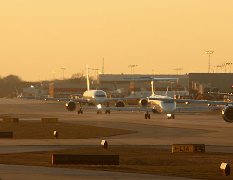 Airplanes queued up on the tarmac at the airport in Atlanta