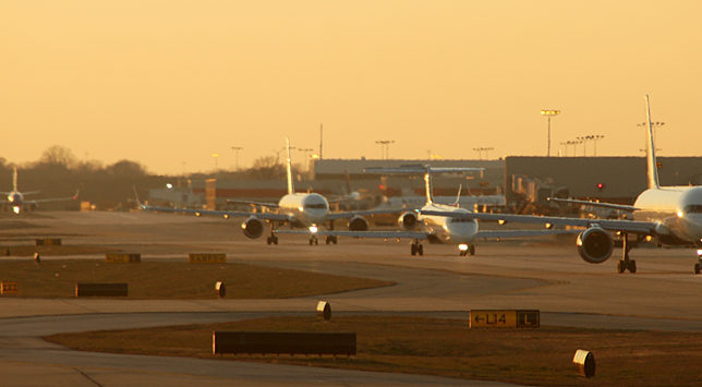 Airplanes queued up on the tarmac at the airport in Atlanta