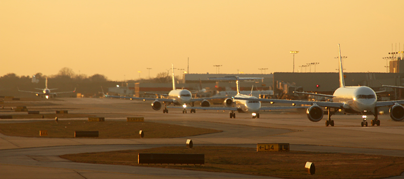 Airplanes queued up on the tarmac at the airport in Atlanta