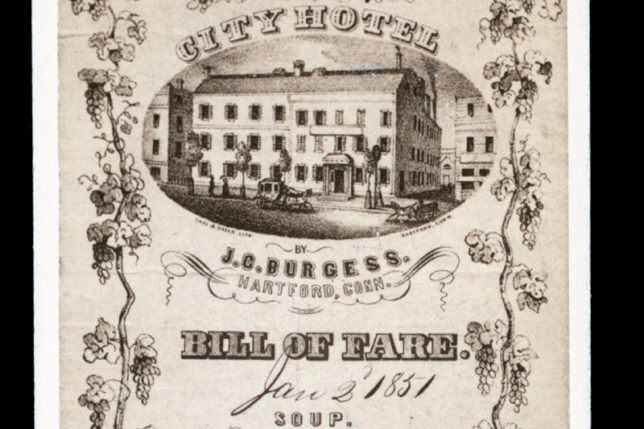 CIty Hotel Hartford Connecticut Menu 1851