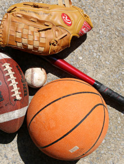 Baseball, bat, glove, basketball, football
