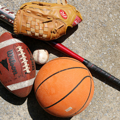 Baseball, bat, glove, basketball, football