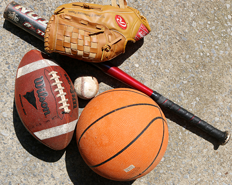 Baseball, bat, glove, basketball, football
