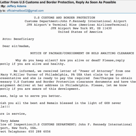 scam spam customs border patrol