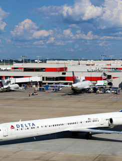 Delta Air Lines airplanes at gates Concourse B Atlanta airport