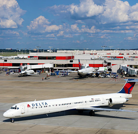 Delta Air Lines airplanes at gates Concourse B Atlanta airport