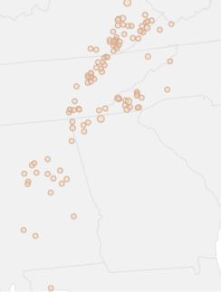Map of active wildfires in the southeastern United States within the past 30 days