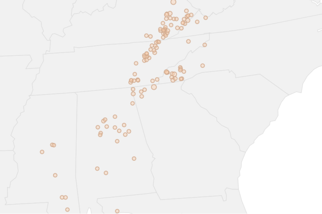 Map of active wildfires in the southeastern United States within the past 30 days