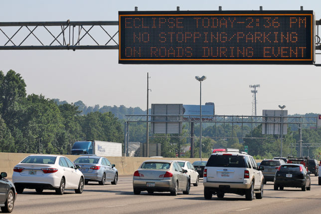 Solar eclipse sign on Interstate 85 highway