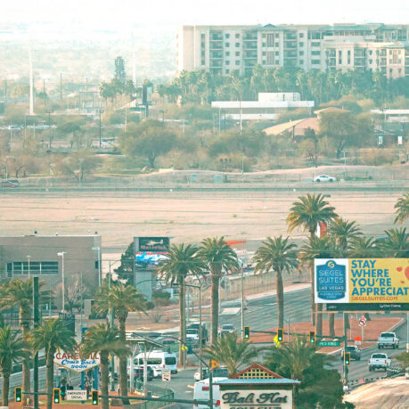 a city with palm trees and buildings