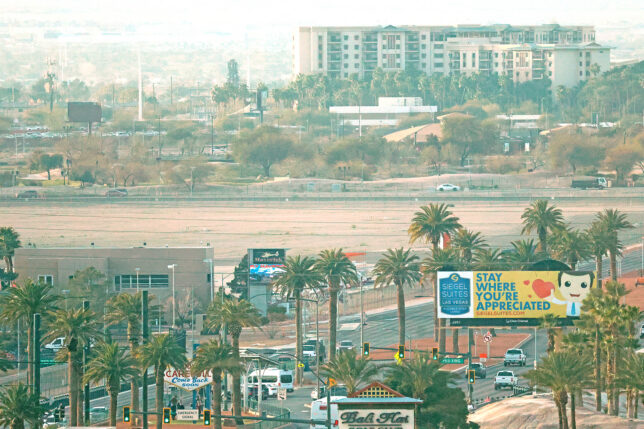 a city with palm trees and buildings