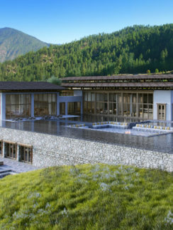 a building with a pool and a grassy hill