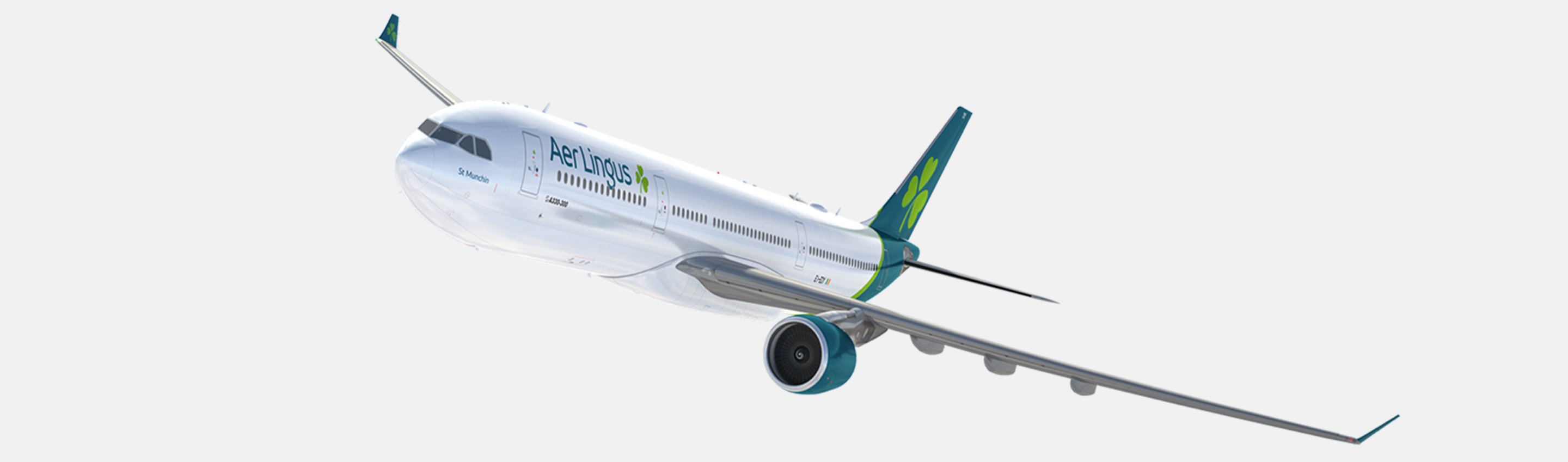 a white airplane with green and blue text