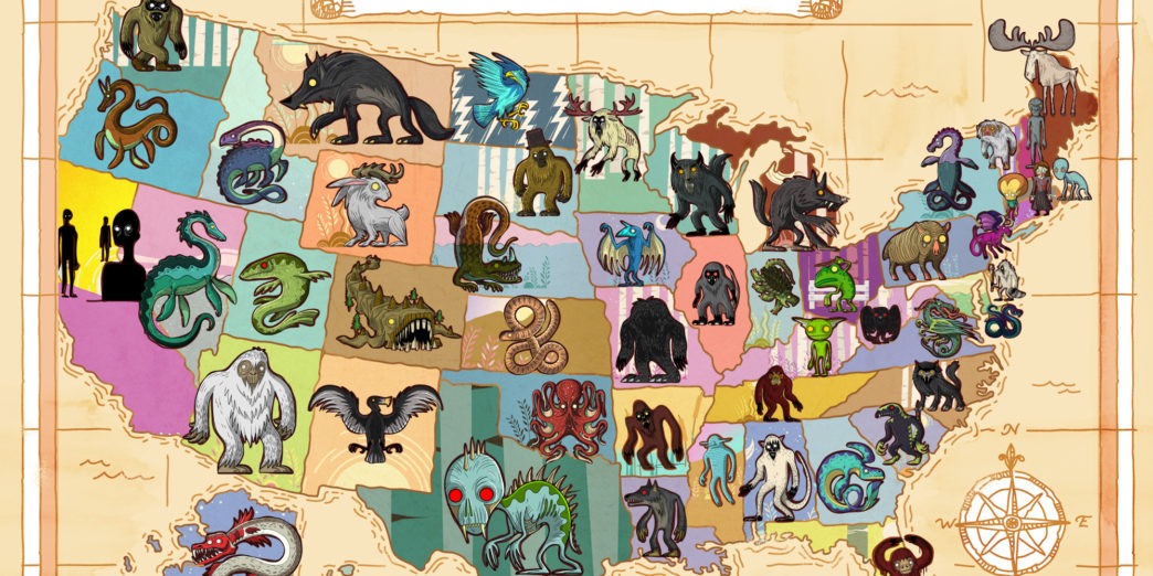 a map of the united states of america with cartoon animals