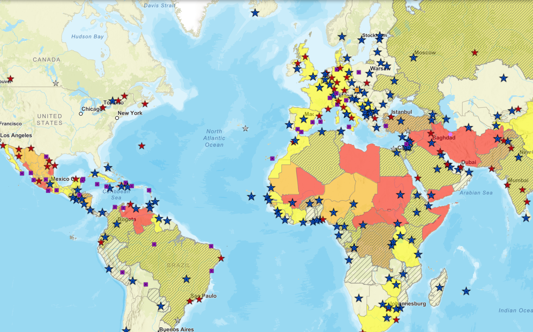 Interactive Travel Advisory World Map With Embassies and Consulates of ...