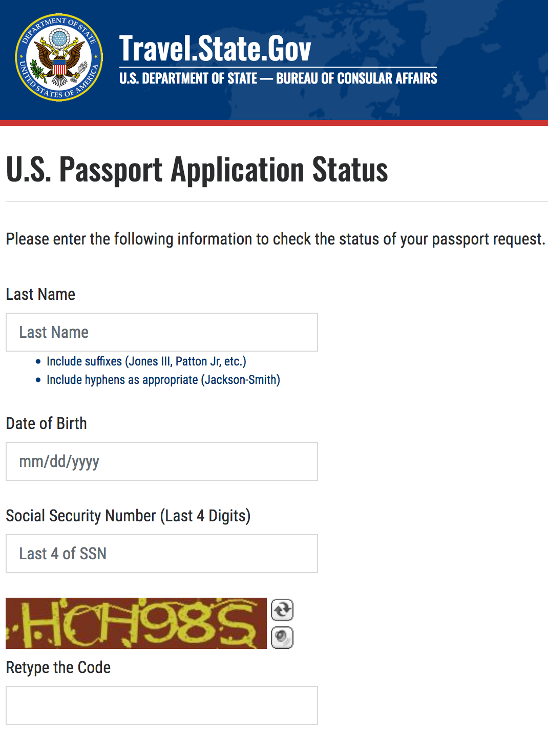 a screen shot of a passport application