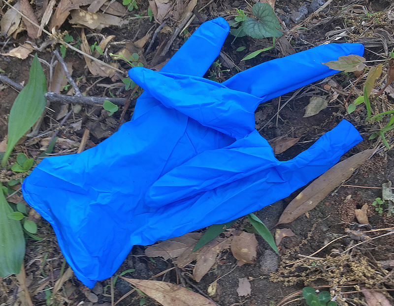 a blue glove on the ground