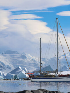 a sailboat in the water with snow covered mountains in the background