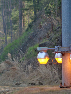 a street sign and a pole with lights