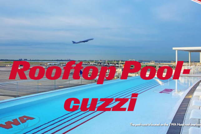 a plane flying over a pool