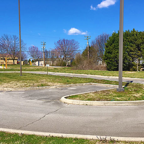 a road with grass and trees in the background